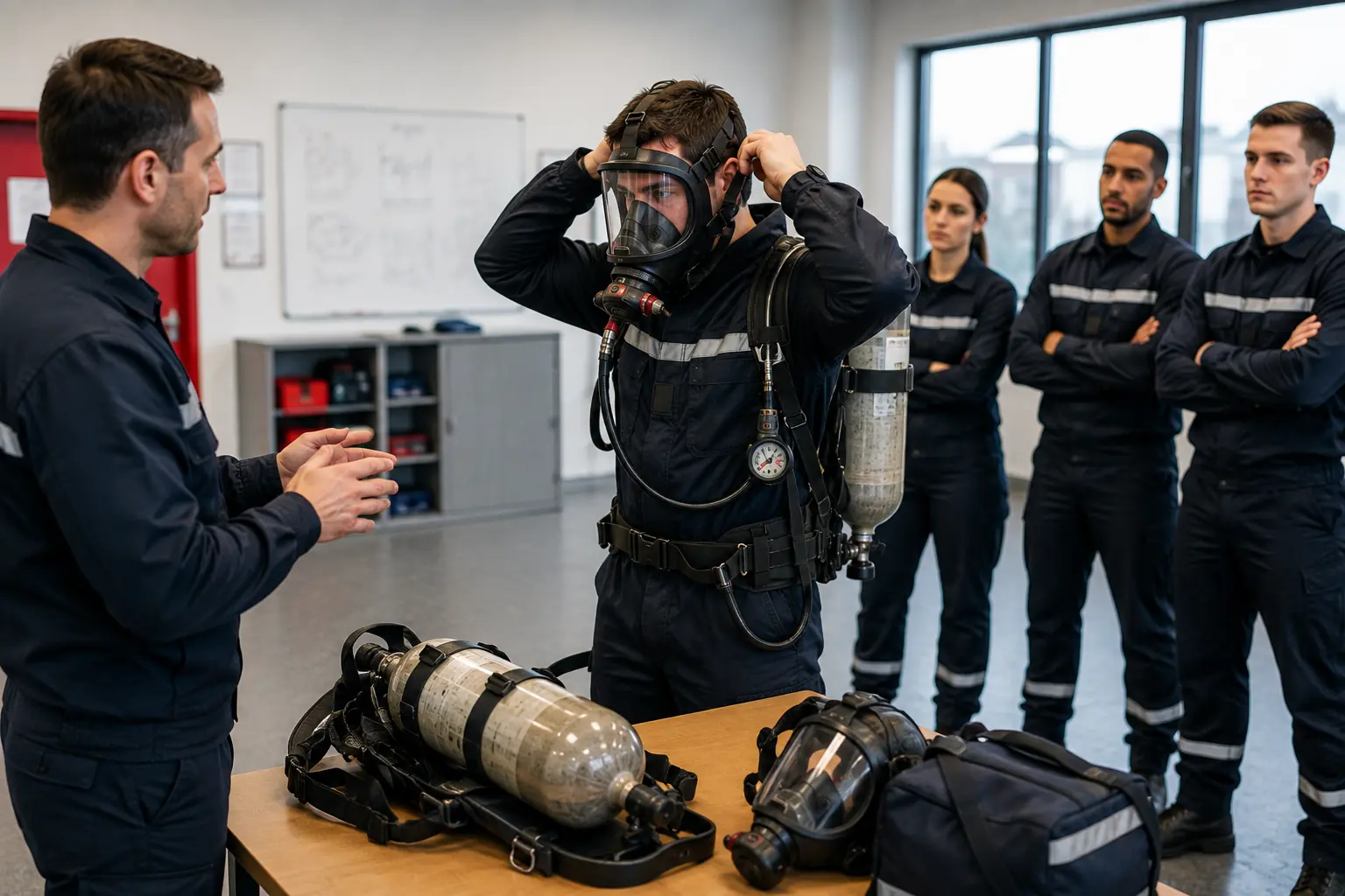 Formateur commentant la mise en place d'un appareil respiratoire isolant : un stagiaire ajuste son masque, l'appareil et un second masque sont posés sur la table, le reste du groupe observe
