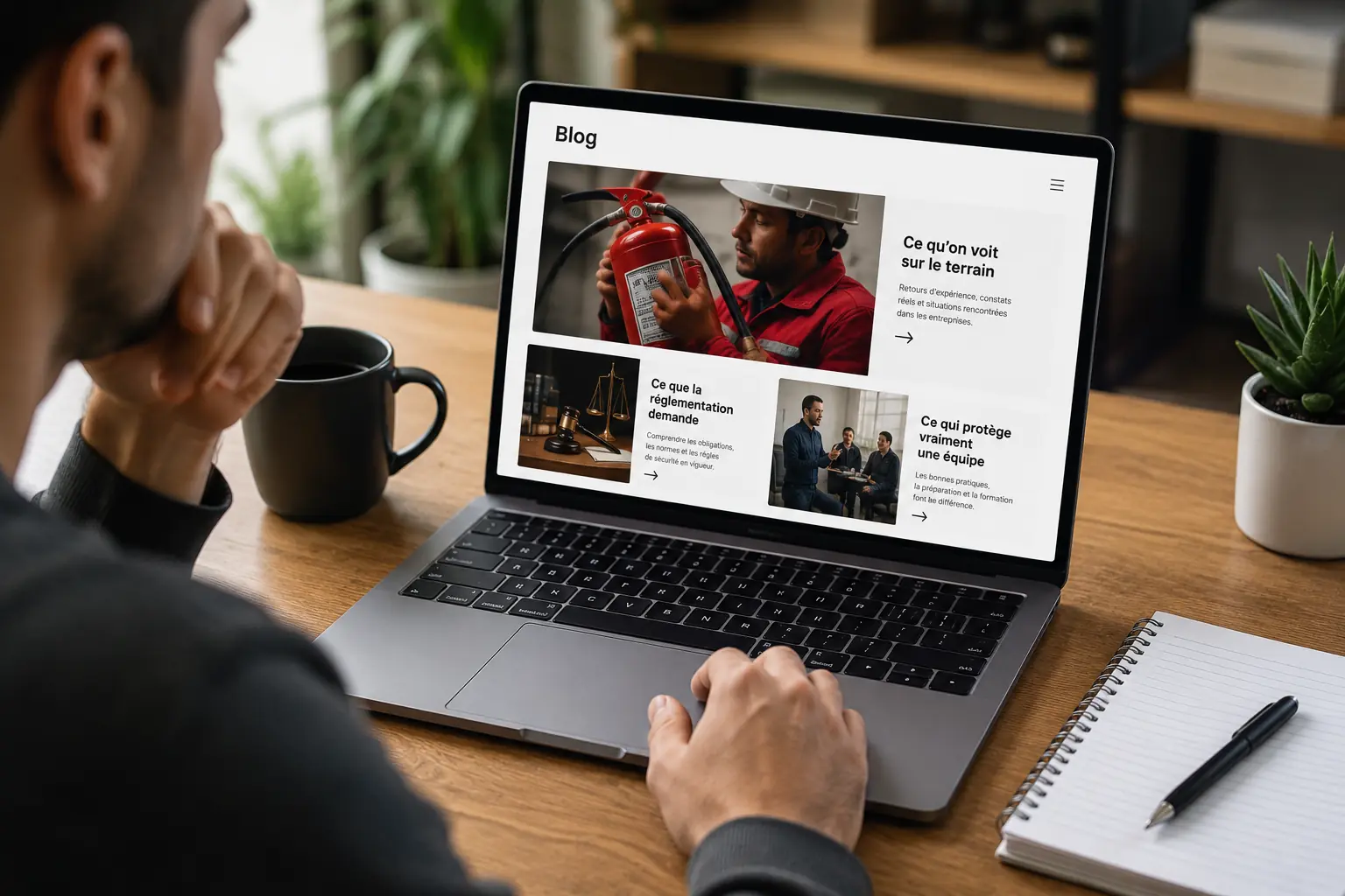 Une personne lit le blog de LG Préventis sur un ordinateur portable, posé sur un bureau