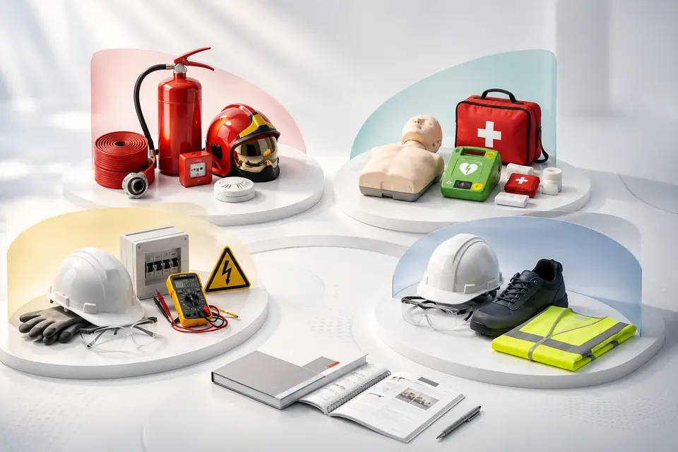 Les quatre domaines de formation présentés côte à côte : matériel incendie, matériel de secourisme, équipement électrique et équipements de protection individuelle