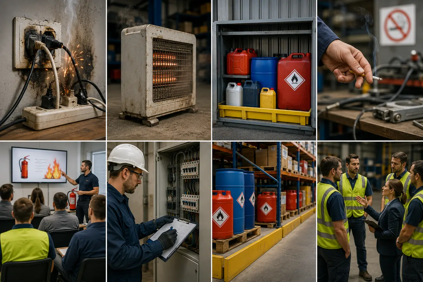 Montage : les quatre causes en haut, prise électrique en surchauffe, chauffage d’appoint encrassé, produits inflammables mal stockés et cigarette dans une zone non-fumeur, puis les quatre parades en dessous : formation, inspection du tableau électrique, stockage sur rétention, sensibilisation des équipes
