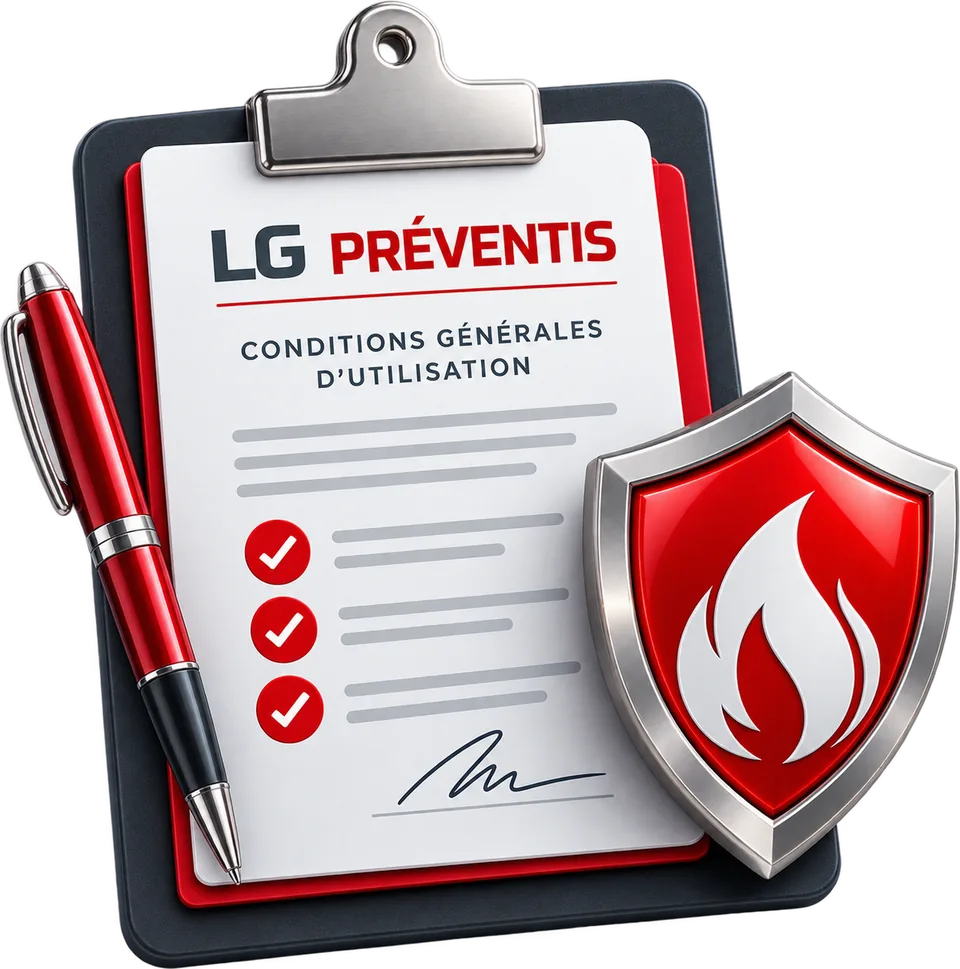 Presse-papier portant le document « Conditions générales d’utilisation » de LG Préventis, coché et signé, avec un stylo et le bouclier à flamme de la marque
