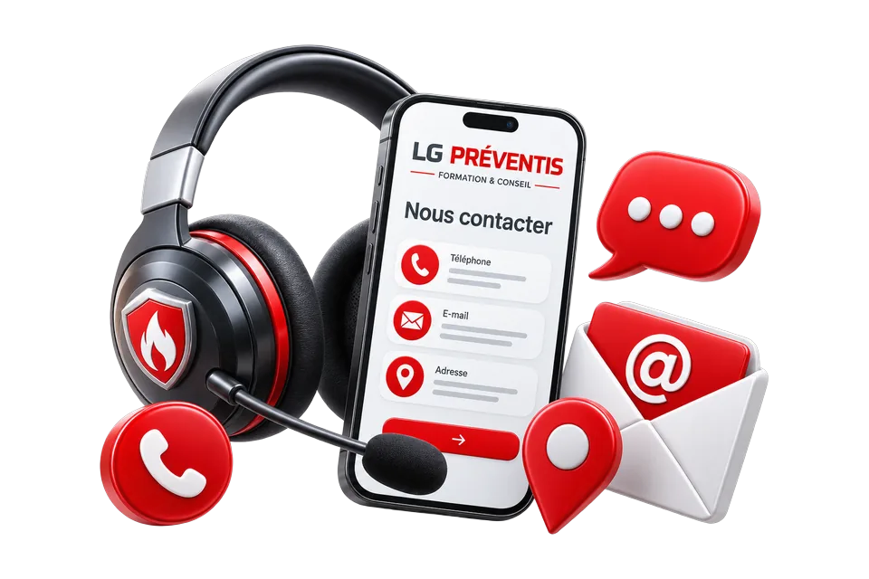 Casque de téléphonie, téléphone affichant la page de contact de LG Préventis avec téléphone, e-mail et adresse, entouré d’une bulle de message, d’une enveloppe et d’un repère de carte