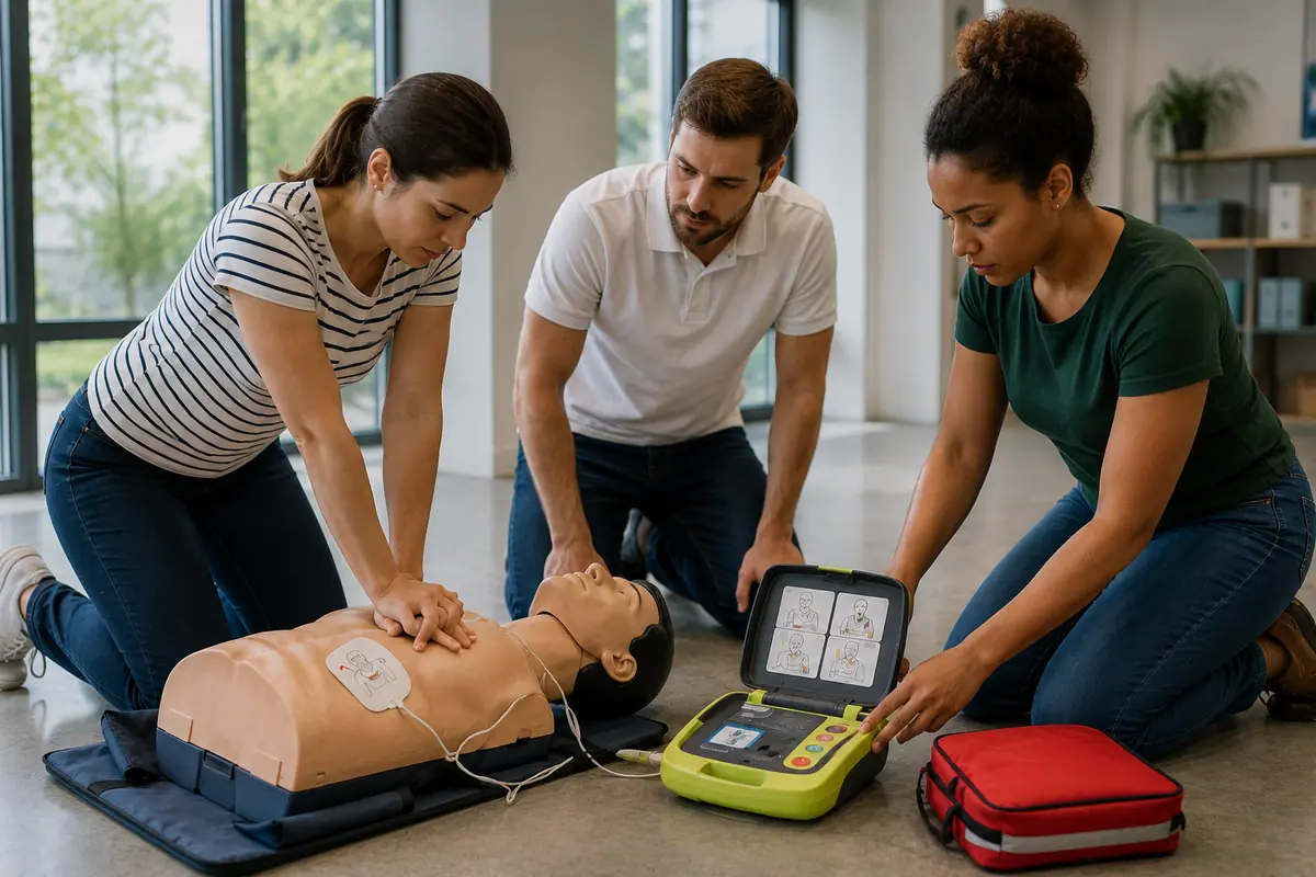 Trois participants agenouillés autour d’un mannequin de réanimation en salle de formation : l’une pratique le massage cardiaque, une autre ouvre le défibrillateur dont les électrodes sont déjà posées, un troisième observe le geste