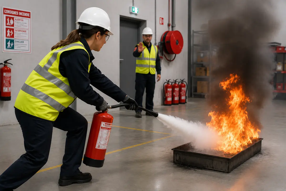 Participante en casque et gilet haute visibilité attaquant un bac à feu à l’extincteur, sous la surveillance du formateur, devant les consignes incendie affichées