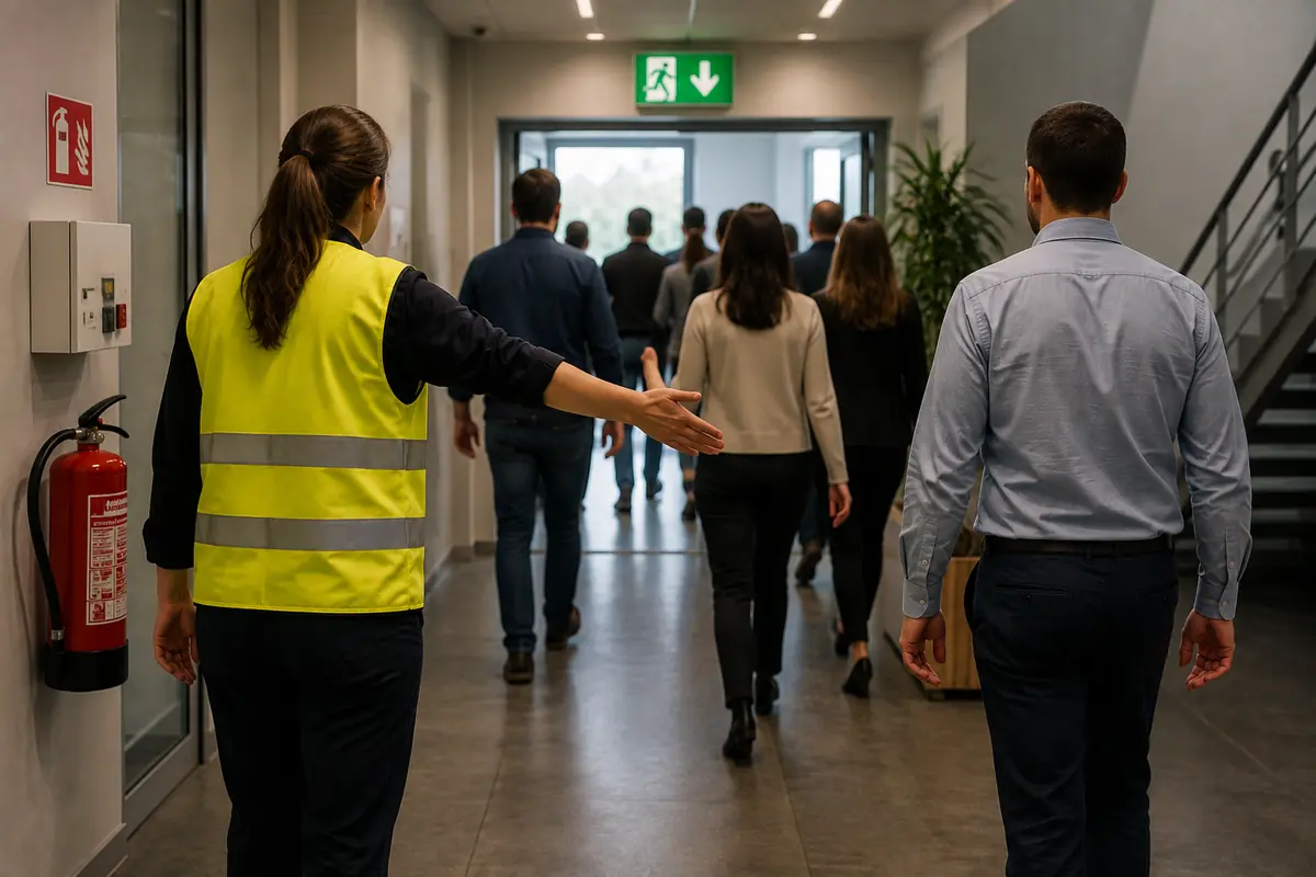 Guide-file en gilet haute visibilité orientant ses collègues vers la sortie de secours, sous le bloc d’issue de secours éclairé