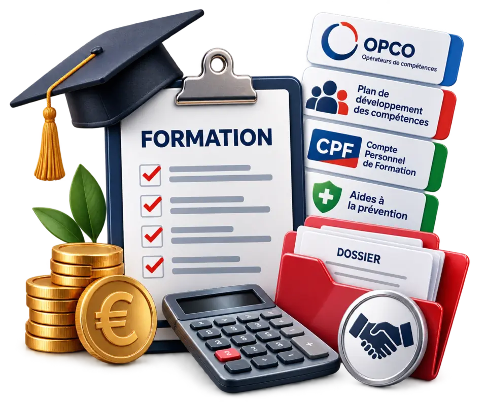 Dossier de formation, calculatrice, pièces d’euros et fiches des dispositifs de financement : OPCO, plan de développement des compétences, CPF et aides à la prévention, en volume