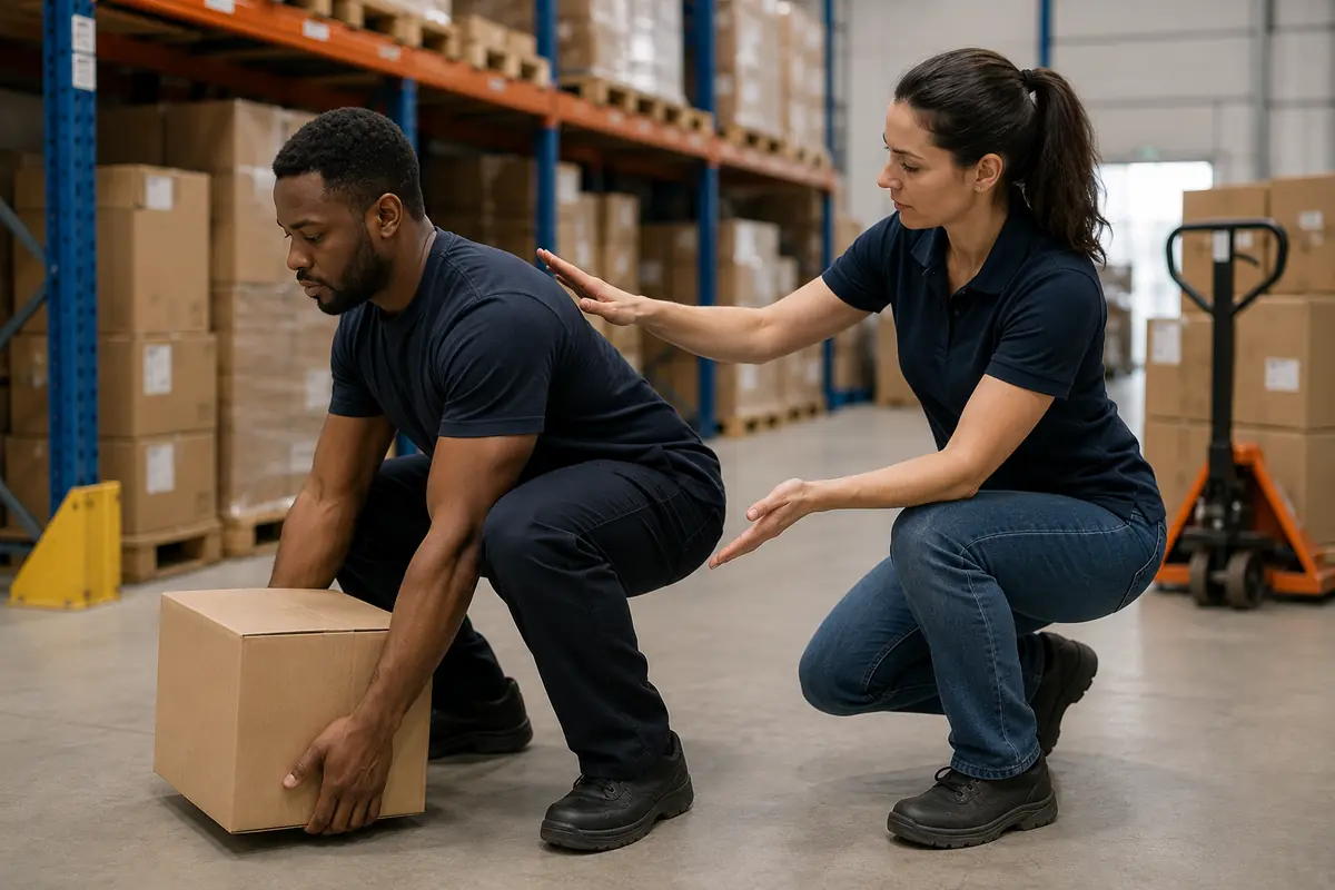 Formatrice accroupie corrigeant la posture d’un manutentionnaire dans un entrepôt : elle indique d’une main le dos à garder droit et de l’autre la flexion des genoux, pendant qu’il saisit un carton posé au sol