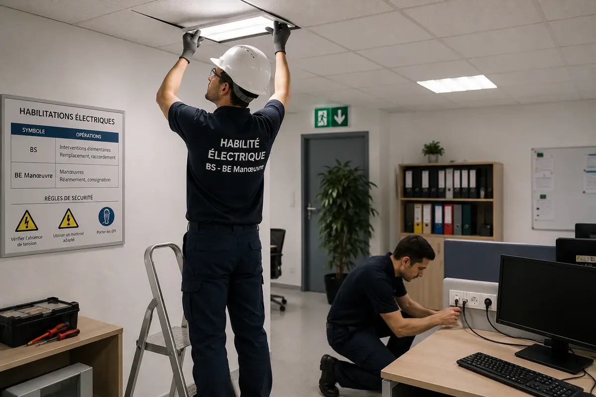 Deux techniciens habilités réalisant des interventions élémentaires dans des bureaux : remplacement d’un luminaire de plafond et raccordement d’un bloc de prises