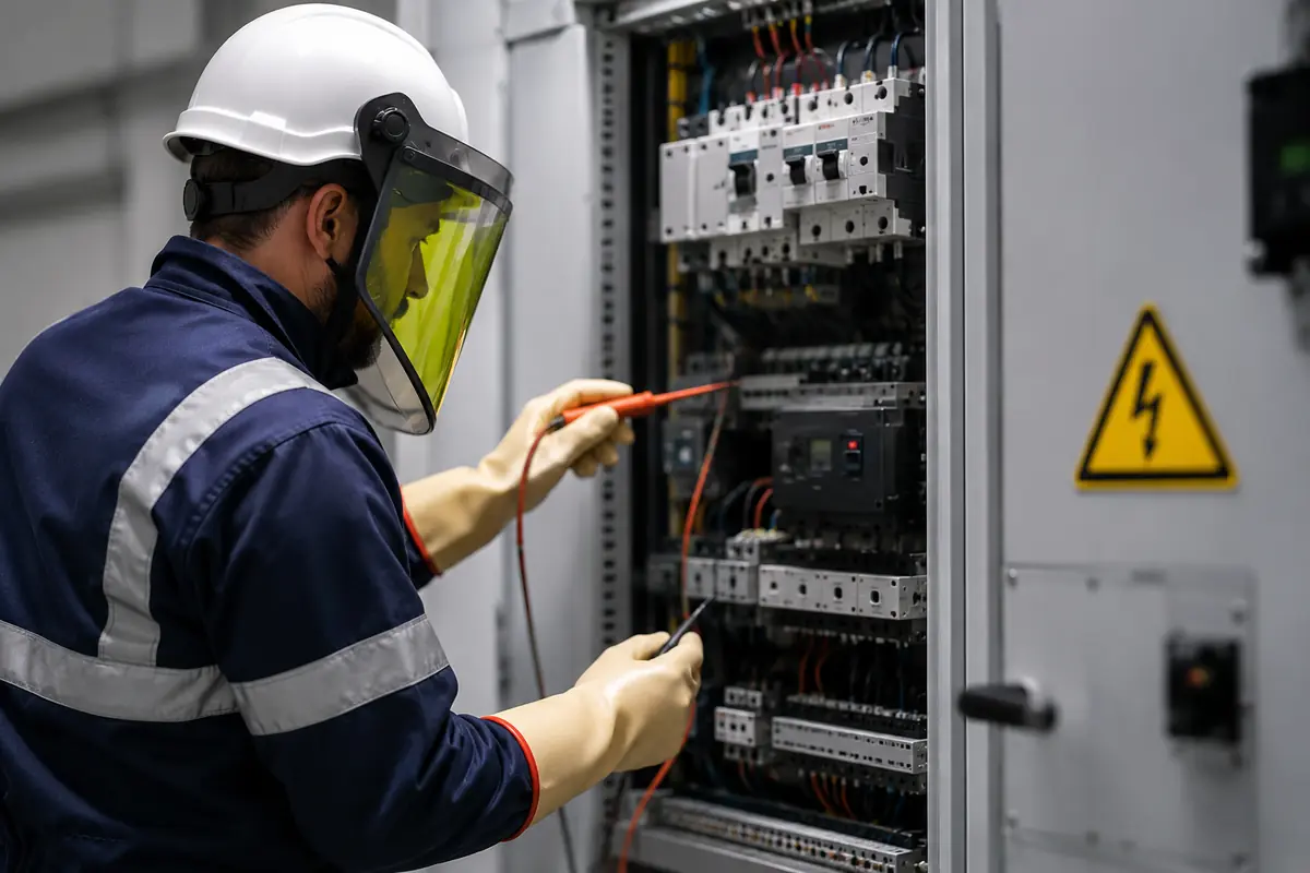 Électricien en casque, visière et gants isolants mesurant une tension dans une armoire électrique ouverte