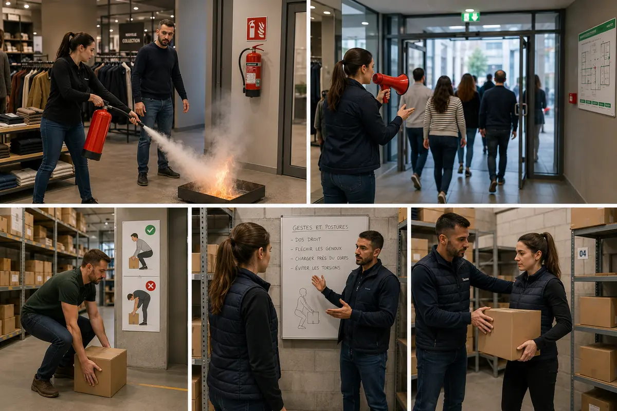 Cinq scènes de la formation en magasin : extinction d’un bac à feu à l’extincteur en surface de vente, évacuation des clients au porte-voix, port de charge en réserve devant une affiche des bons et mauvais gestes, rappel des règles de manutention au tableau, et reprise du geste à deux sur un carton