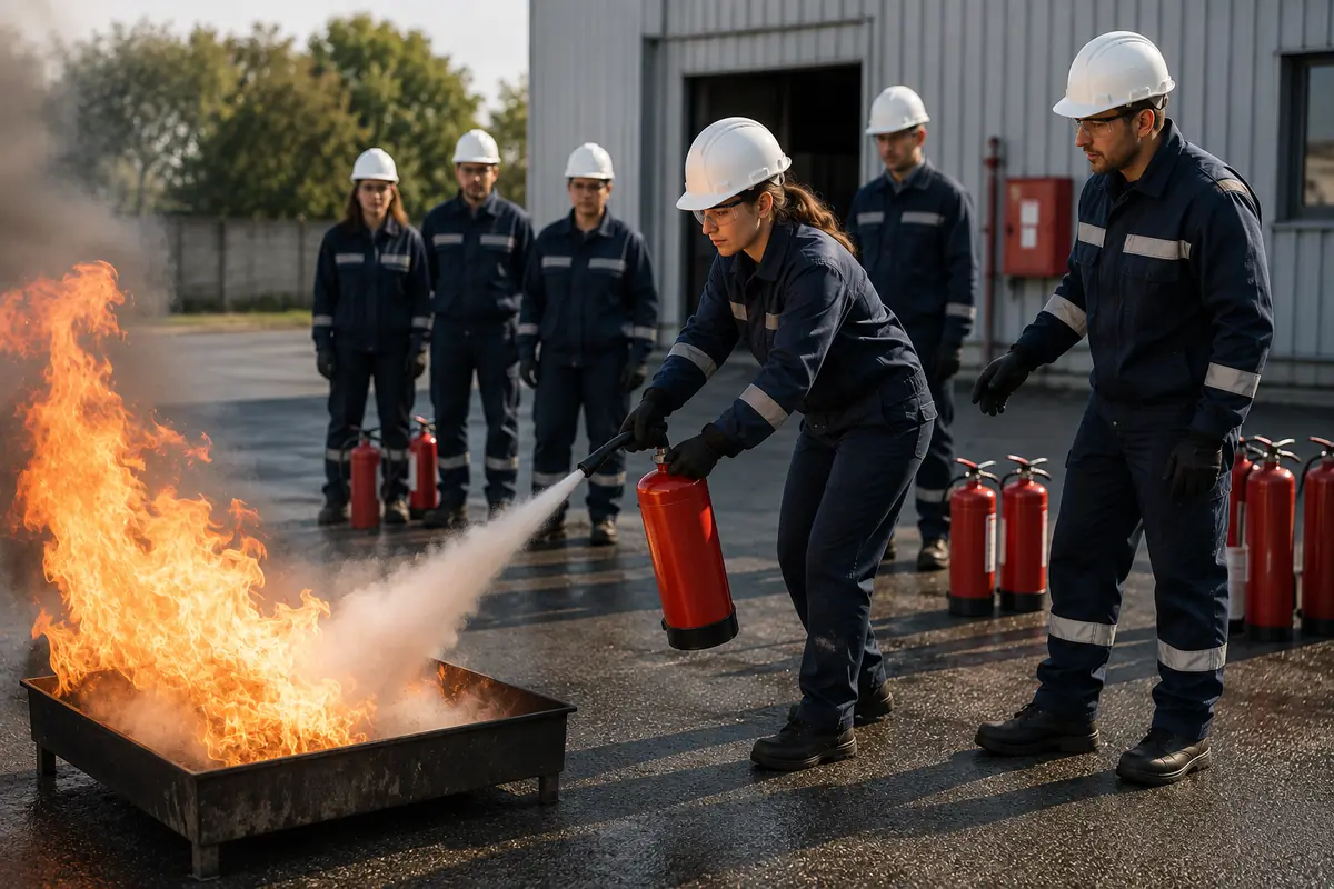Participante attaquant un bac à feu à l’extincteur sur une aire extérieure, le formateur à ses côtés et le groupe en observation