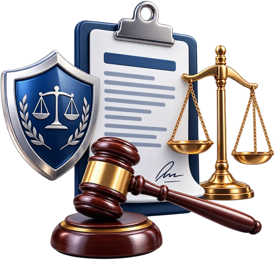Document officiel signé sur un porte-bloc, écusson à la balance de la justice, marteau d’audience et balance dorée, en volume