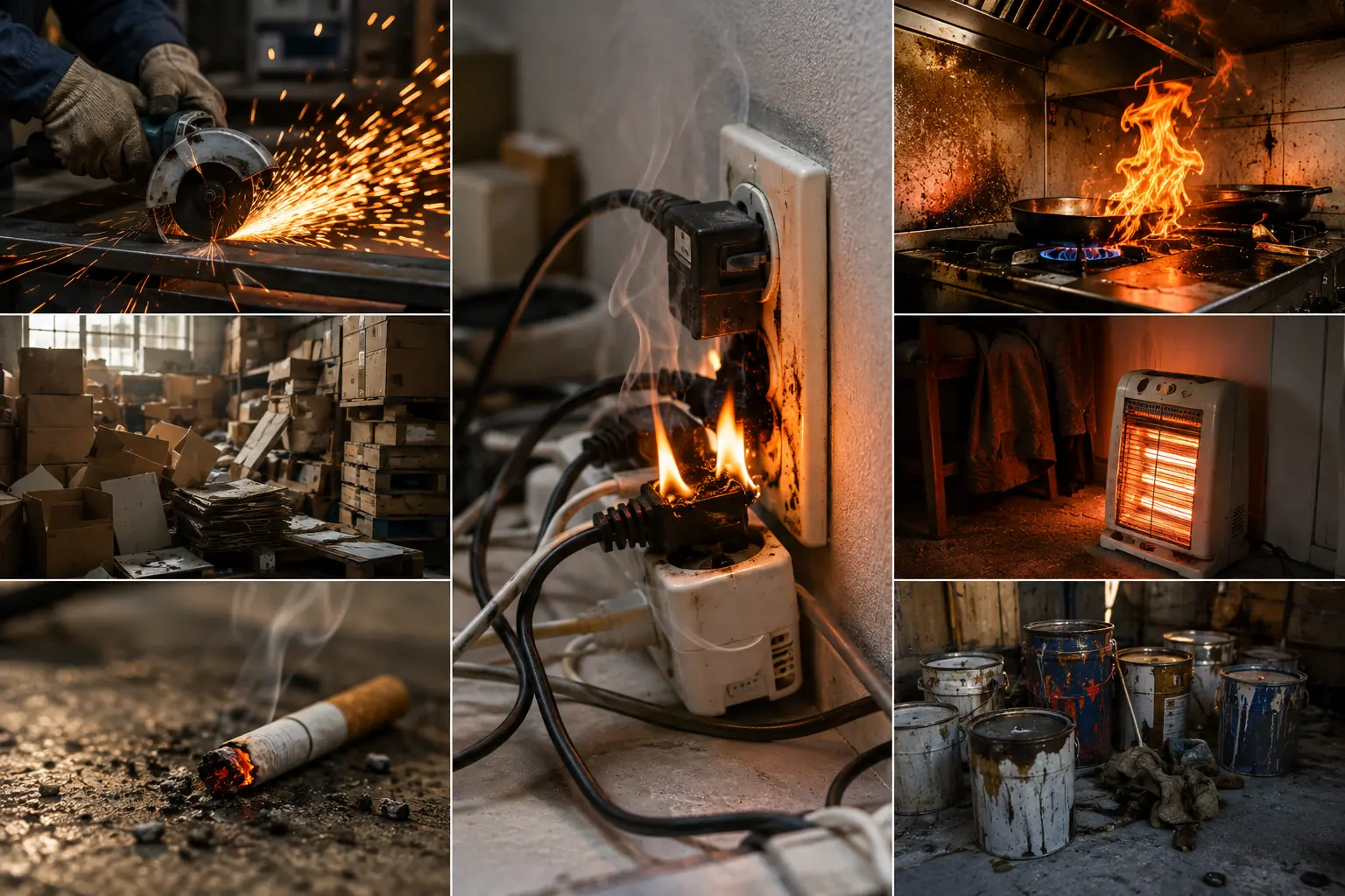 Sept situations à l’origine d’un départ de feu en entreprise : meulage, stockage de cartons, mégot au sol, multiprise surchargée, friteuse en flammes, chauffage d’appoint et pots de solvants