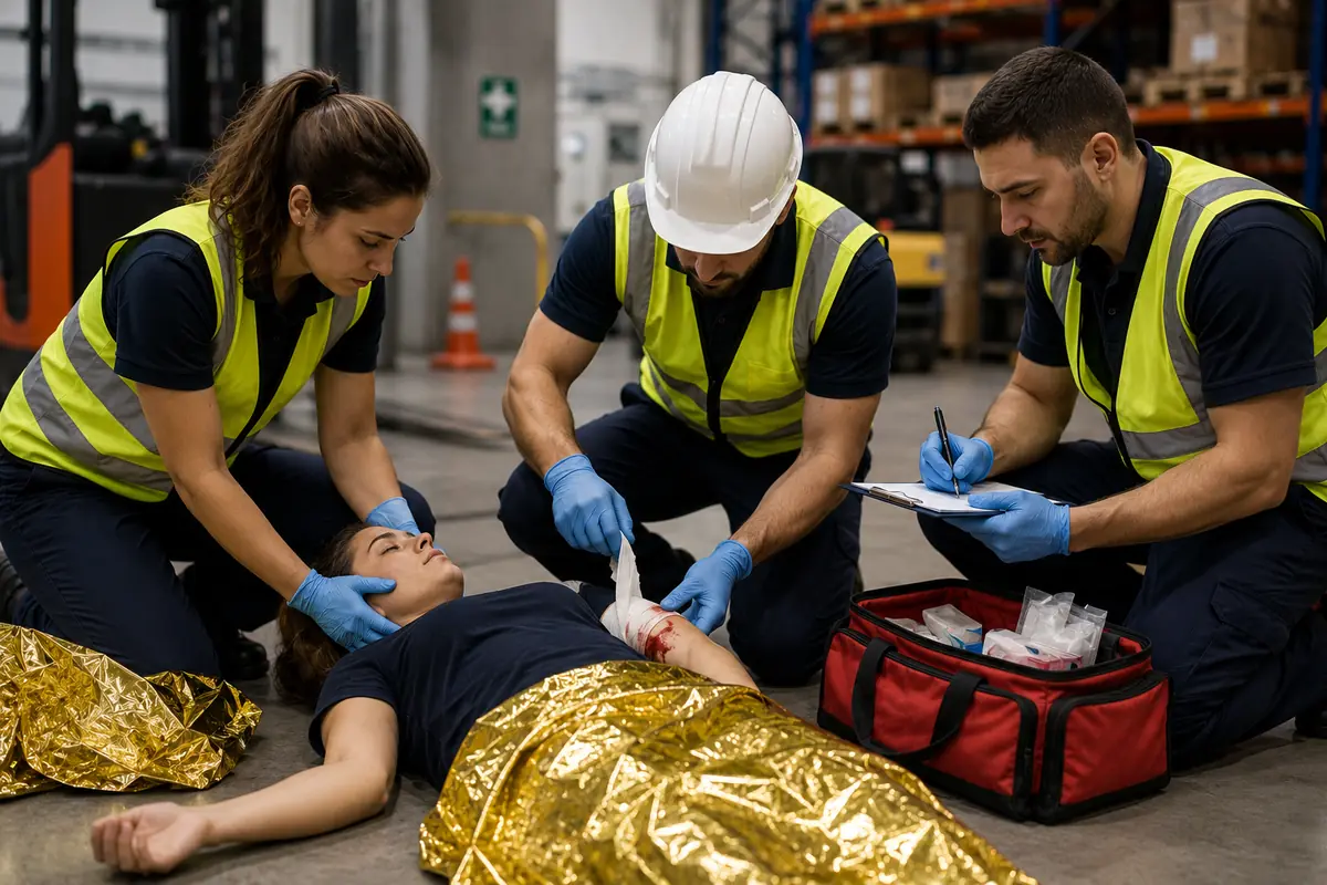 Trois équipiers secouristes en gilet haute visibilité et gants prenant en charge une victime allongée dans un entrepôt : maintien de la tête, pansement sur l’avant-bras, relevé des constantes sur une planchette, sac de secours ouvert et couverture de survie déployée