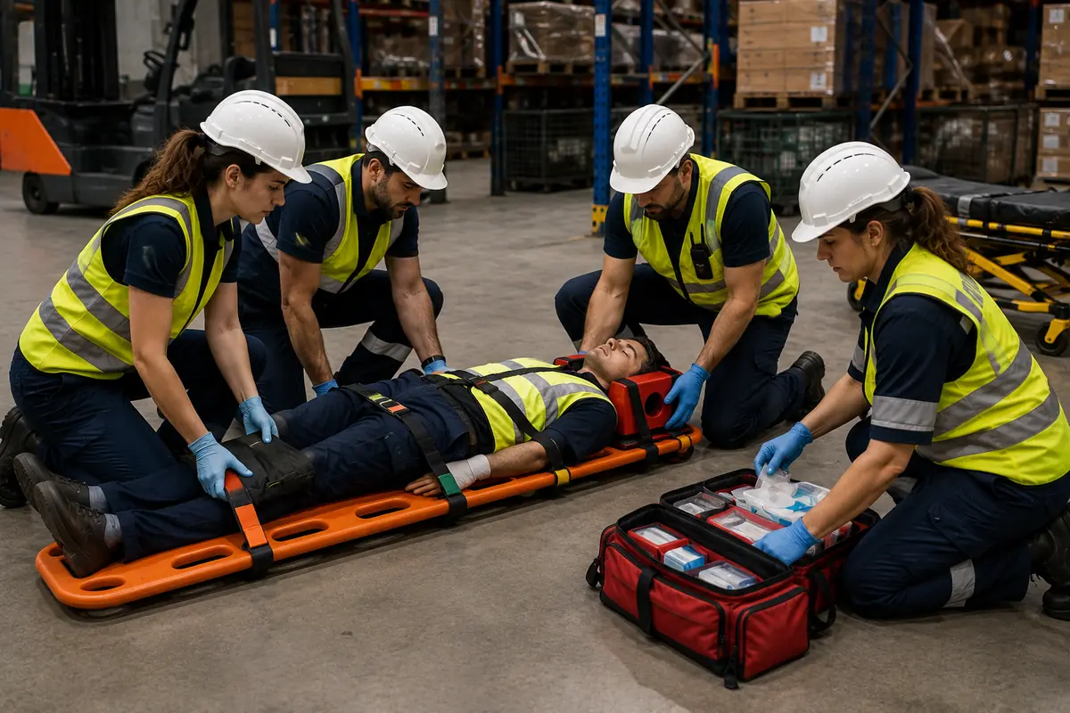 Quatre équipiers secouristes casqués et gantés immobilisant une victime sanglée sur un plan dur dans un entrepôt : maintien de la tête entre deux cales, sanglage des jambes, sac de secours ouvert et brancard à roulettes en attente