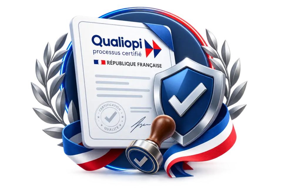 Certificat Qualiopi, bouclier de conformité, sceau et couronne de laurier aux couleurs françaises