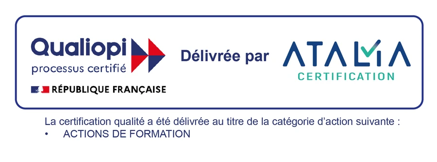 Logo Qualiopi, certification délivrée au titre de la catégorie Actions de formation