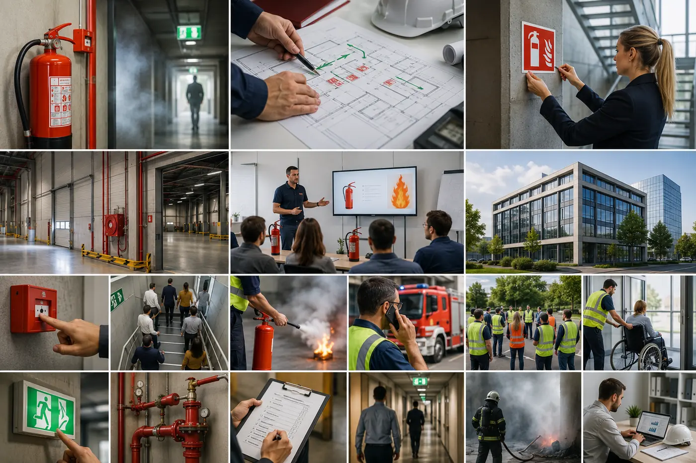 Montage : extincteur et issue de secours, tracé d’un plan d’évacuation, pose d’une signalétique incendie, robinets d’incendie armés, séance de formation, déclencheur d’alarme, évacuation par l’escalier, extinction d’un foyer, appel aux pompiers, point de rassemblement, assistance à une personne en fauteuil roulant, colonne sèche, contrôle sur registre