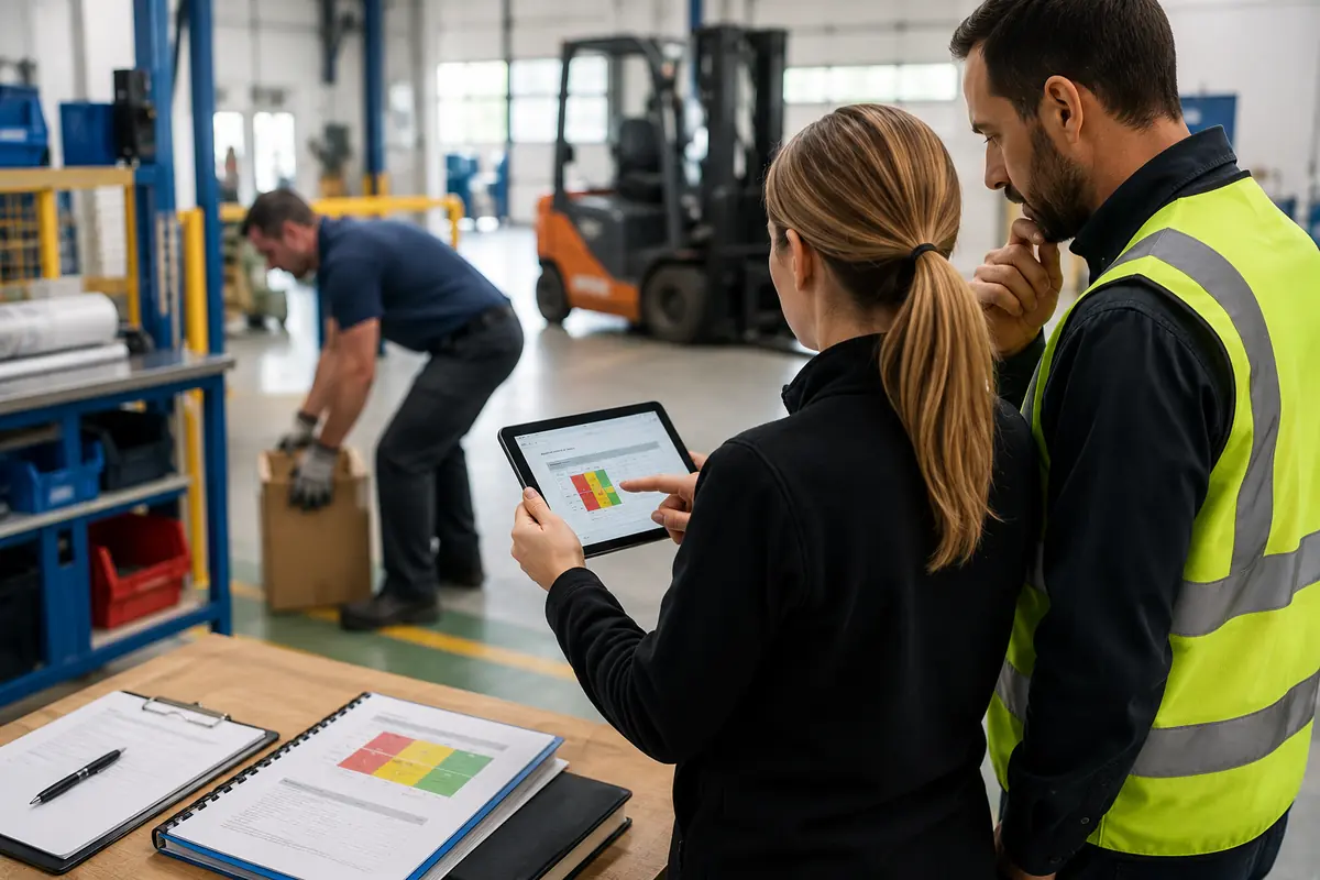 Deux responsables passent en revue une matrice d’évaluation des risques sur tablette dans un entrepôt, pendant qu’un salarié soulève un carton en arrière-plan