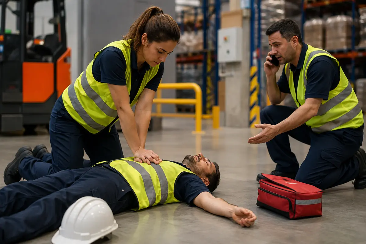 Deux salariés en gilet haute visibilité portant secours à un collègue inconscient dans un entrepôt : l’une pratique un massage cardiaque, l’autre alerte les secours par téléphone, une trousse de secours ouverte à côté d’eux