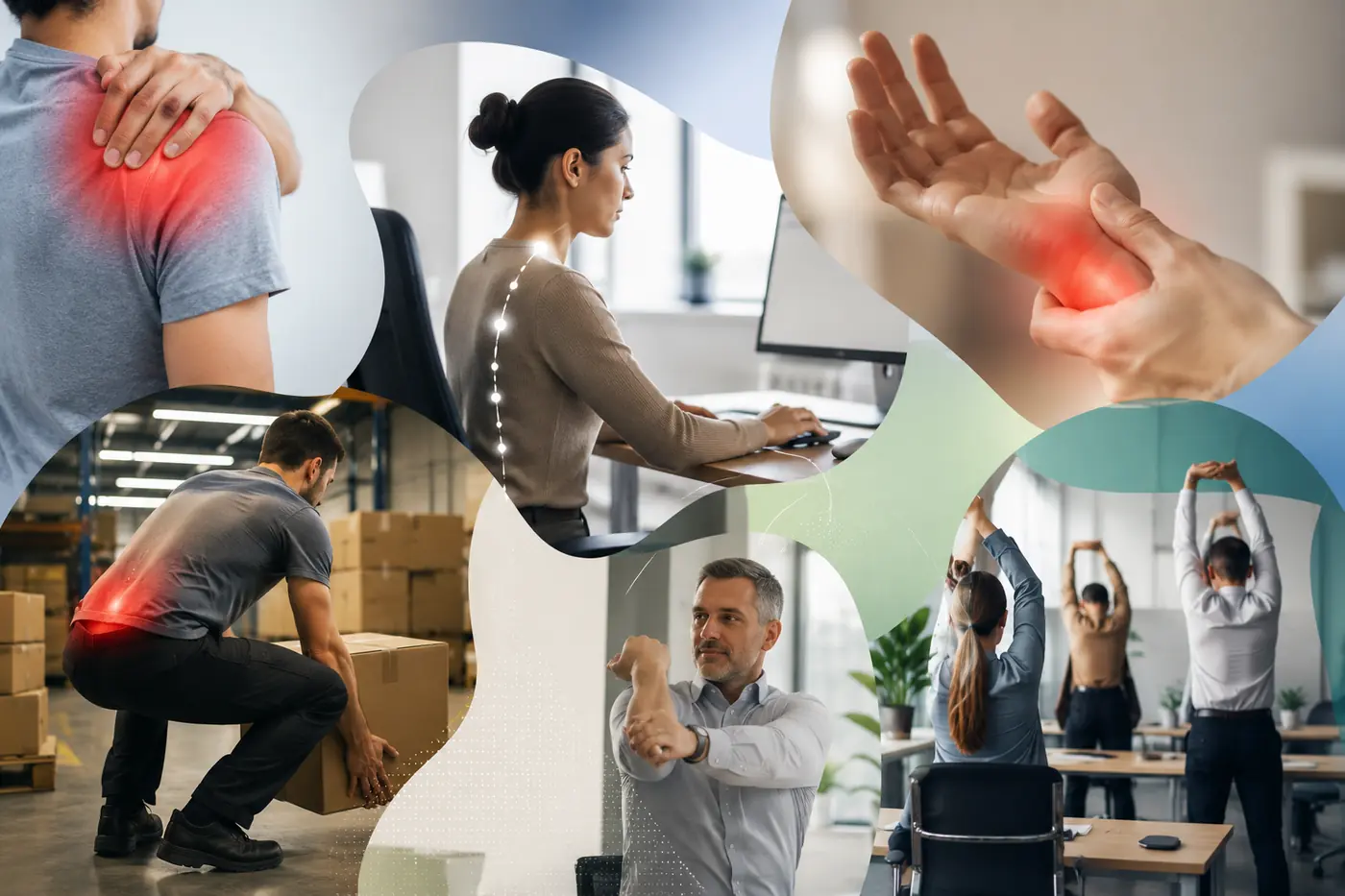 Montage : douleur à l’épaule, posture assise au bureau, douleur au poignet, port de charge en entrepôt, étirements au poste de travail